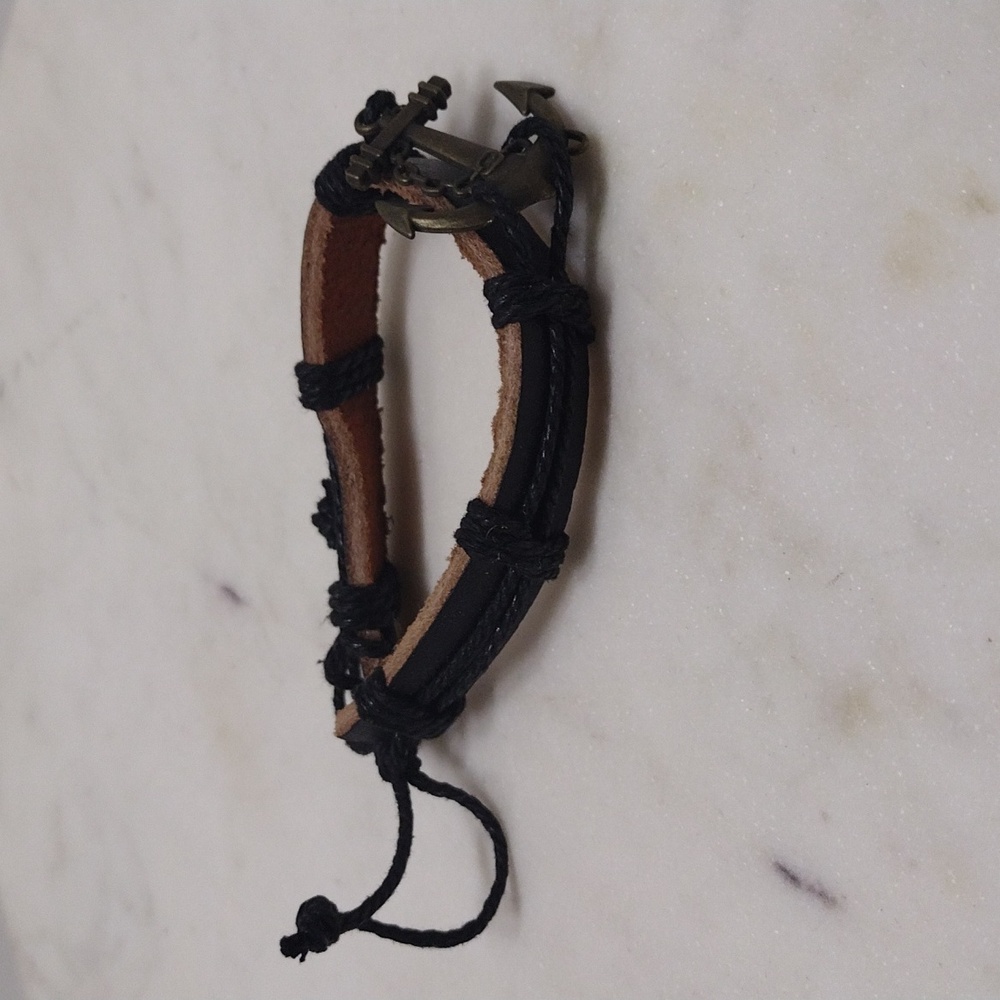 Bronze Large Anchor Black Leather Adjustable Bracelet BA-23 - Picture 3 of 8